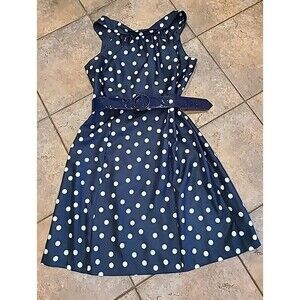 Dressbarn Navy & White  Sz 14 Sleeveless Polka Dot Rockabilly Dress w/ BELT Nwot